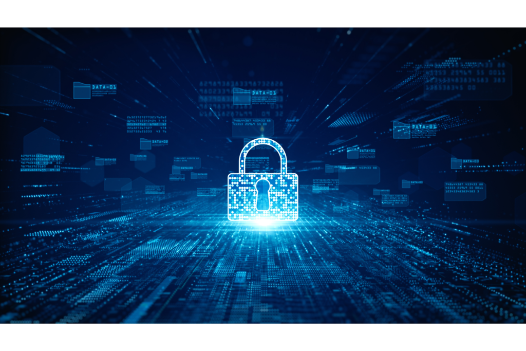 Digitales Schloss-Symbol auf einem abstrakten blauen Hintergrund mit Datenströmen – Darstellung von Cybersicherheit und Datenschutz.